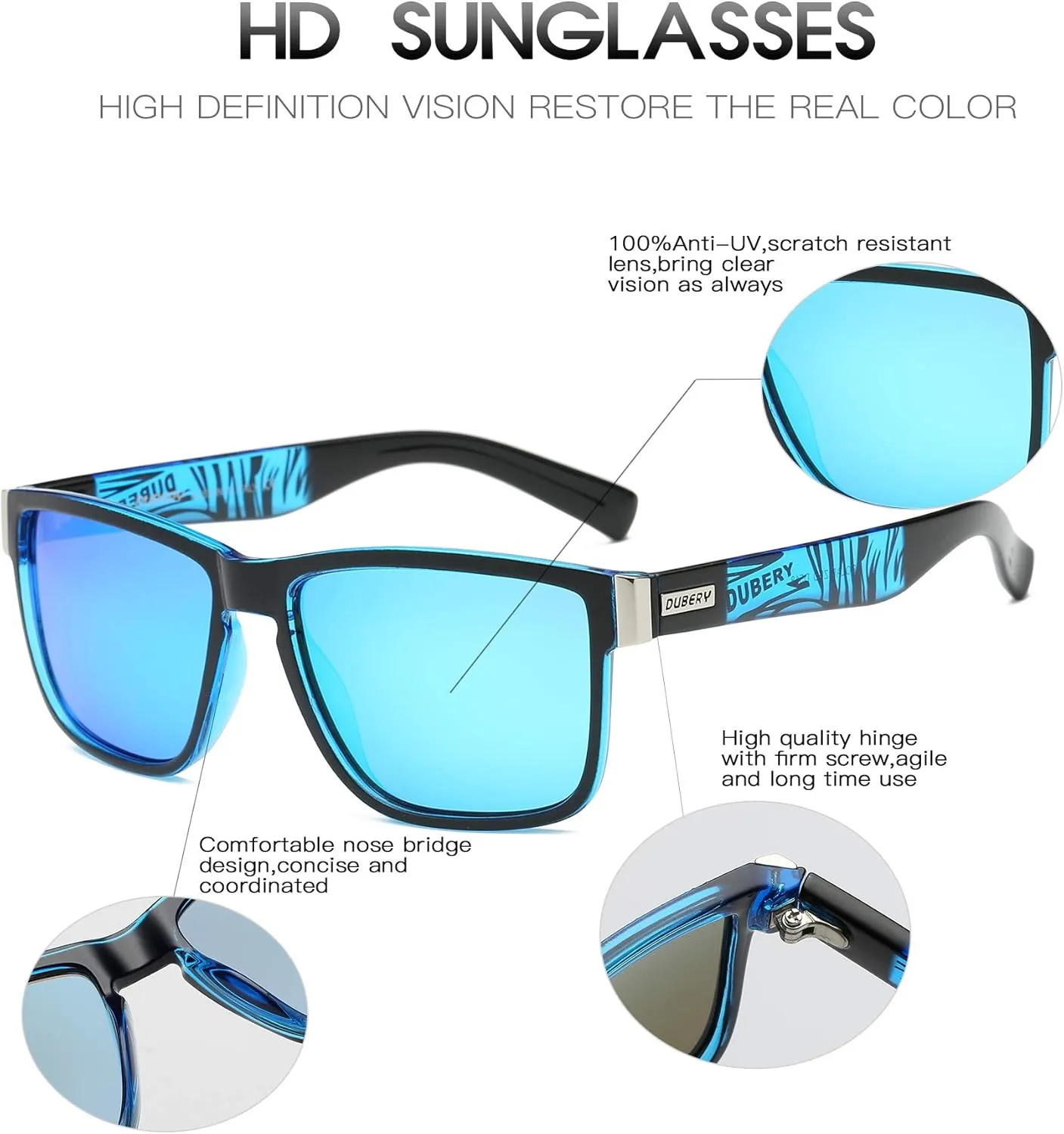 DUBERY Vintage Polarized Sunglasses for Men Women Retro Square Sun Glasses D518