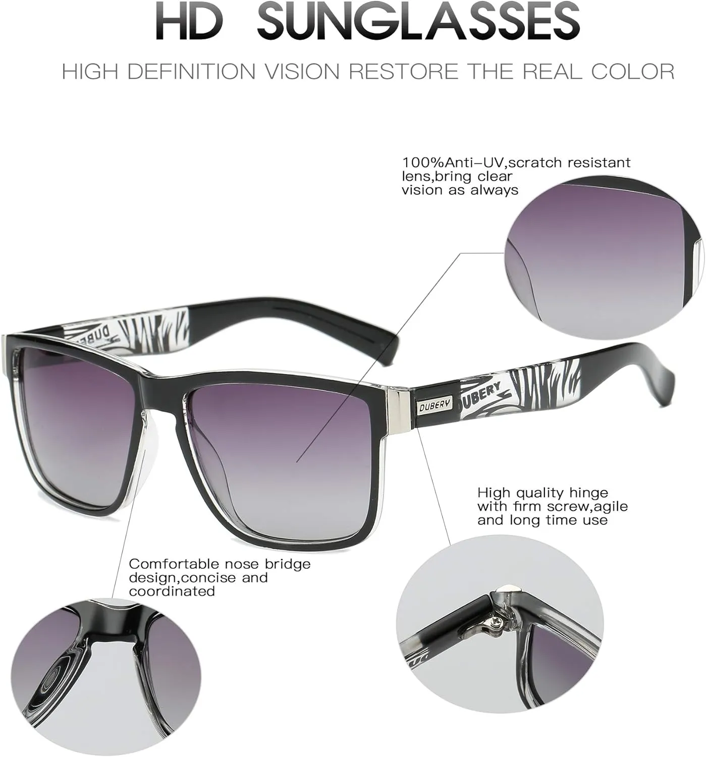 DUBERY Vintage Polarized Sunglasses for Men Women Retro Square Sun Glasses D518