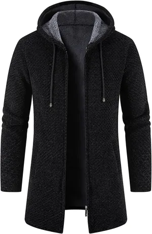 DuDubaby Men's Hooded Plush Plaid Knitting Drawstring Coat Sweater Warm Solid Color Jackets Tops
