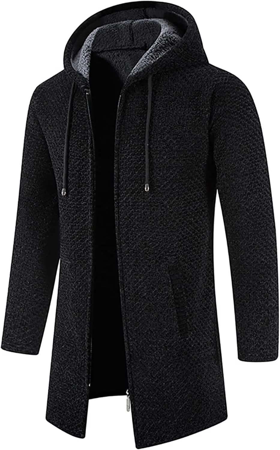 DuDubaby Men's Hooded Plush Plaid Knitting Drawstring Coat Sweater Warm Solid Color Jackets Tops