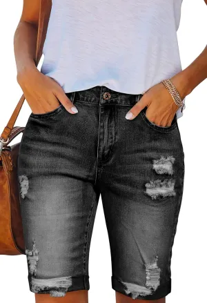 Duigluw Women's Bermuda Shorts Denim Destroyed Raw Hem Long Jeans Shorts