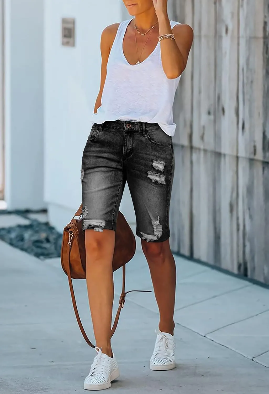 Duigluw Women's Bermuda Shorts Denim Destroyed Raw Hem Long Jeans Shorts