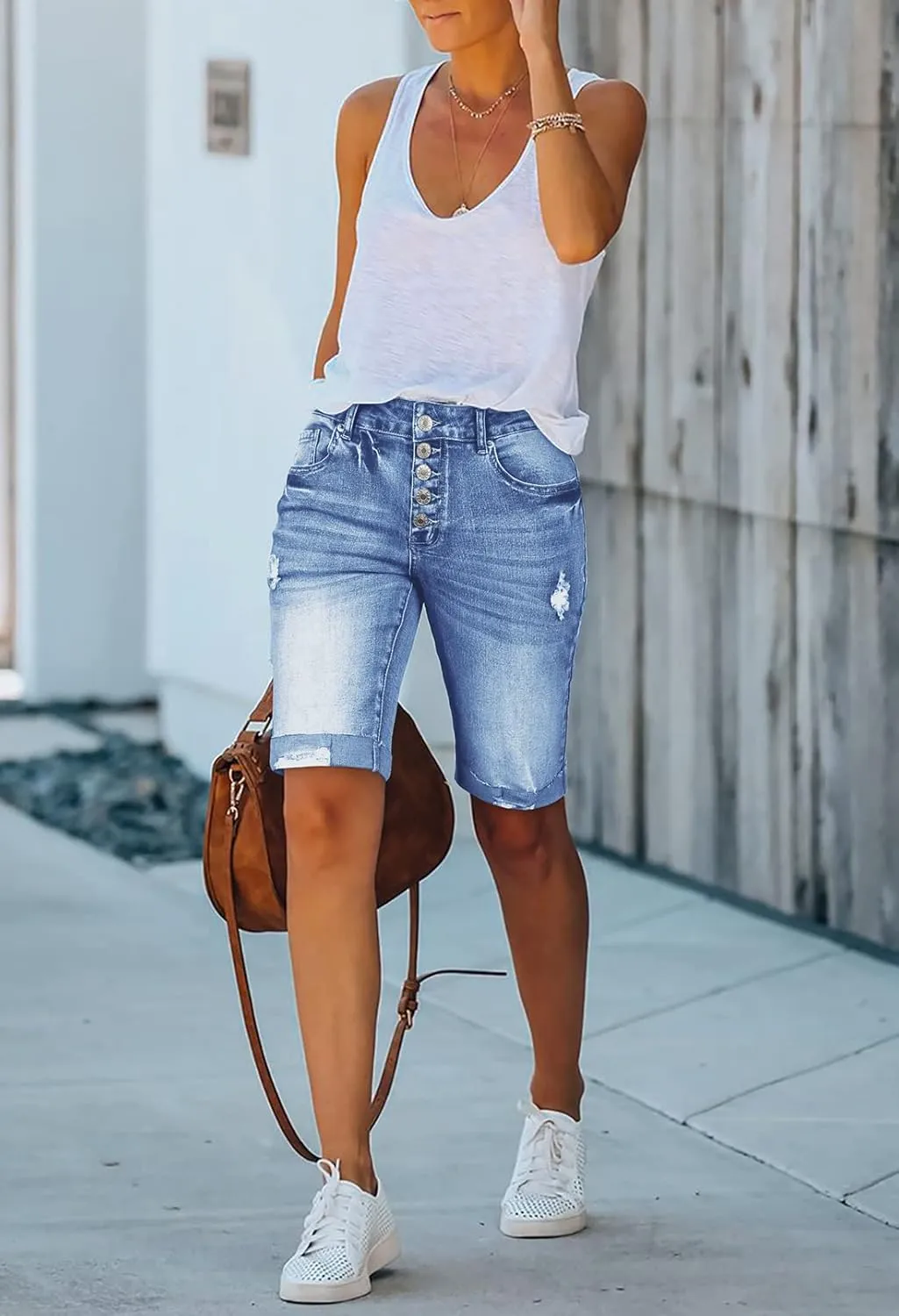 Duigluw Women's Bermuda Shorts Denim Destroyed Raw Hem Long Jeans Shorts
