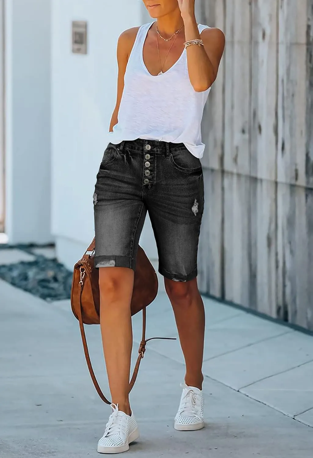 Duigluw Women's Bermuda Shorts Denim Destroyed Raw Hem Long Jeans Shorts