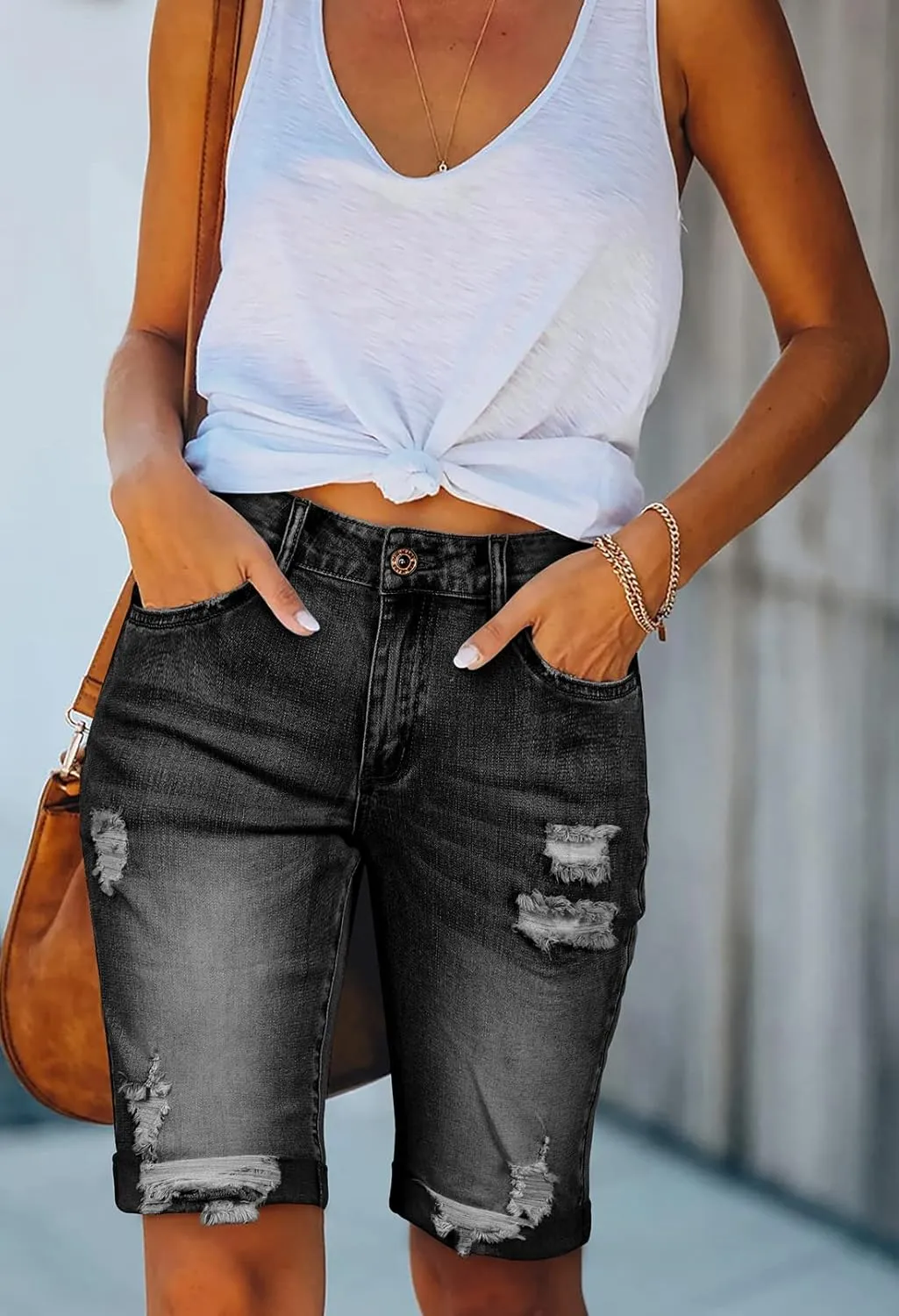 Duigluw Women's Bermuda Shorts Denim Destroyed Raw Hem Long Jeans Shorts