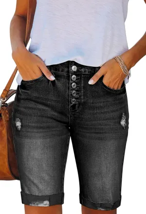 Duigluw Women's Bermuda Shorts Denim Destroyed Raw Hem Long Jeans Shorts
