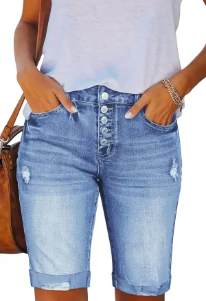 Duigluw Women's Bermuda Shorts Denim Destroyed Raw Hem Long Jeans Shorts