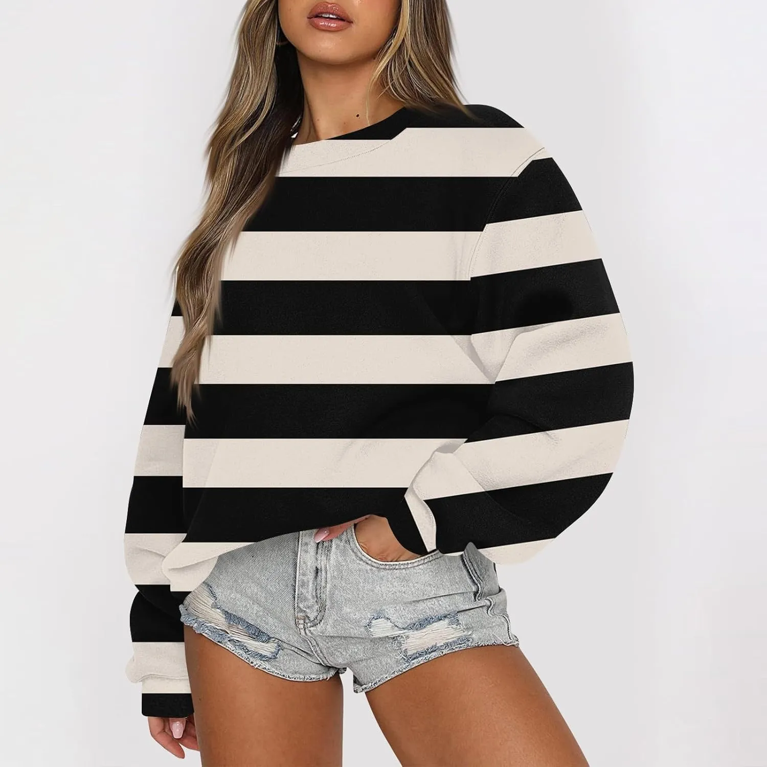 Fall Sweatshirts For Women Crew Neck Striped Pullover Trendy Crop Sweatshirts Winter Long Sleeve Sweaters Plus Size
