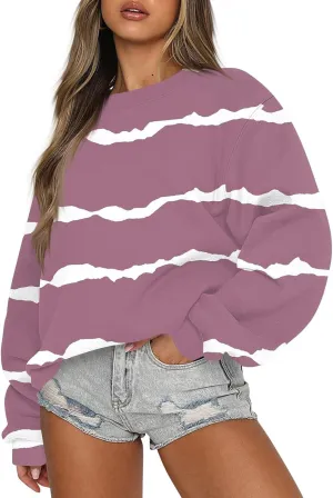 Fall Sweatshirts For Women Graphic Crewneck Striped Pullover 2024 Crop Plus Size Sweatshirts Winter Long Sleeve Tops