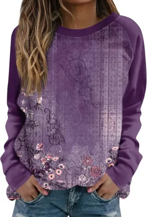 Fall Sweatshirts for Women Long Sleeve Crewneck Vintage Sweatshirt Floral Print Loose Fit Oversized Sweater Clothing
