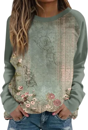 Fall Sweatshirts for Women Long Sleeve Crewneck Vintage Sweatshirt Floral Print Loose Fit Oversized Sweater Clothing