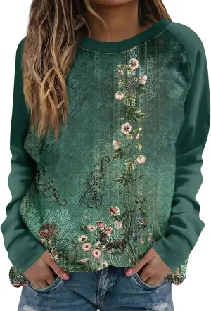 Fall Sweatshirts for Women Long Sleeve Crewneck Vintage Sweatshirt Floral Print Loose Fit Oversized Sweater Clothing