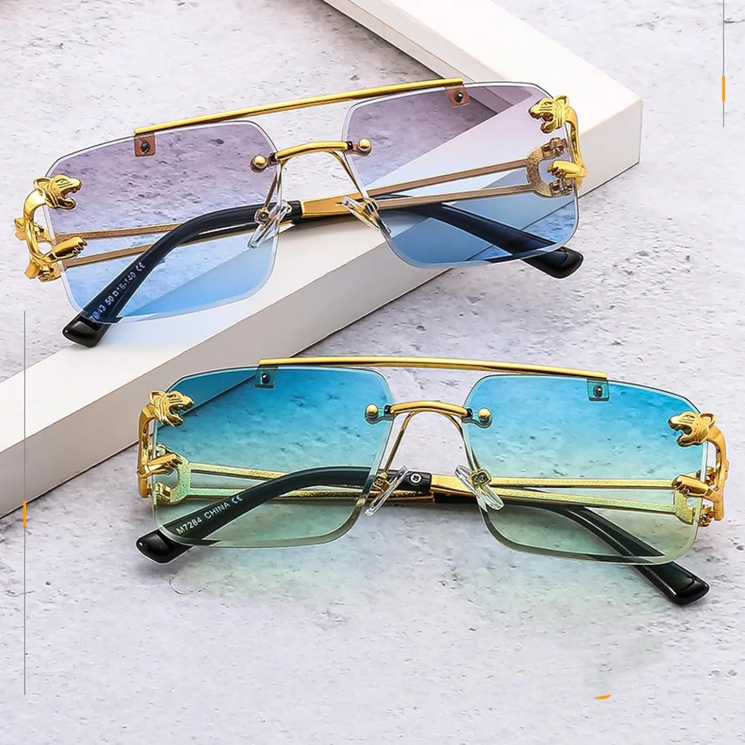 Fashion Metal Leopard Rimless Sunglasses Double Bridges Gradient Uv400