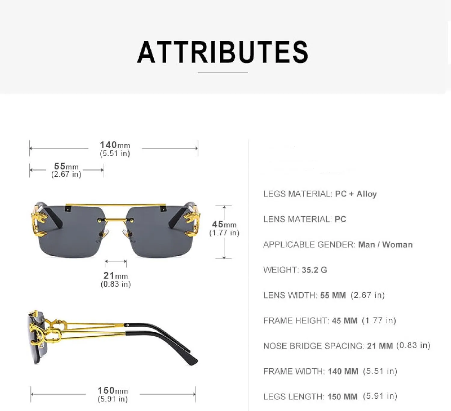 Fashion Metal Leopard Rimless Sunglasses Double Bridges Gradient Uv400