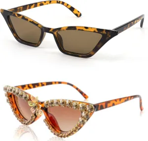 FEISEDY Small Cat Eye Sunglasses Vintage Square Shade Women Eyewear B2291 and Sparkling Crystal Cat Eye Sunglasses B2887