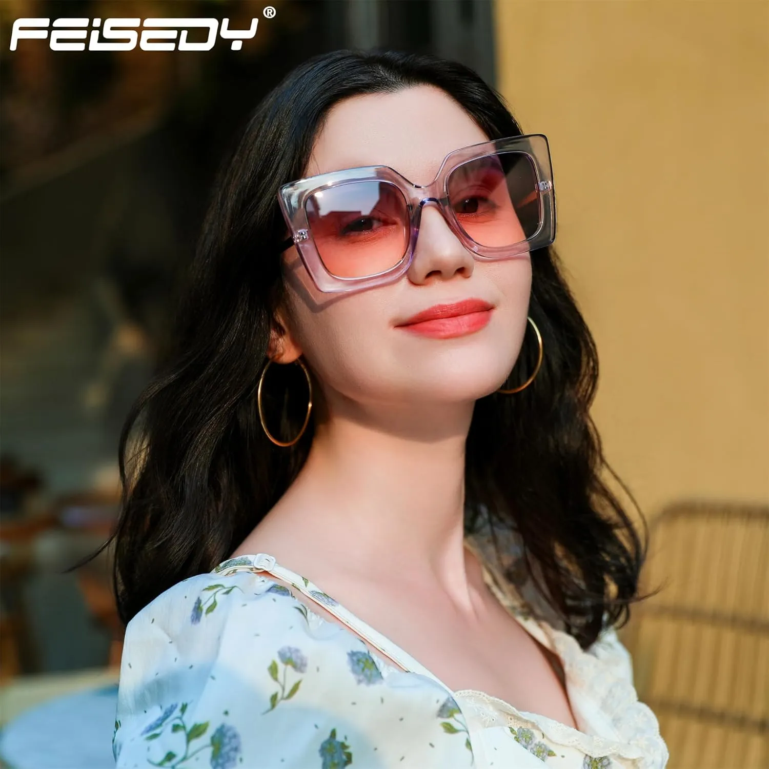 FEISEDY Sunglasses Womens Trendy, Oversized Square Shades, Pearl Inlay Cat Eye Frame UV400 Protection B2625