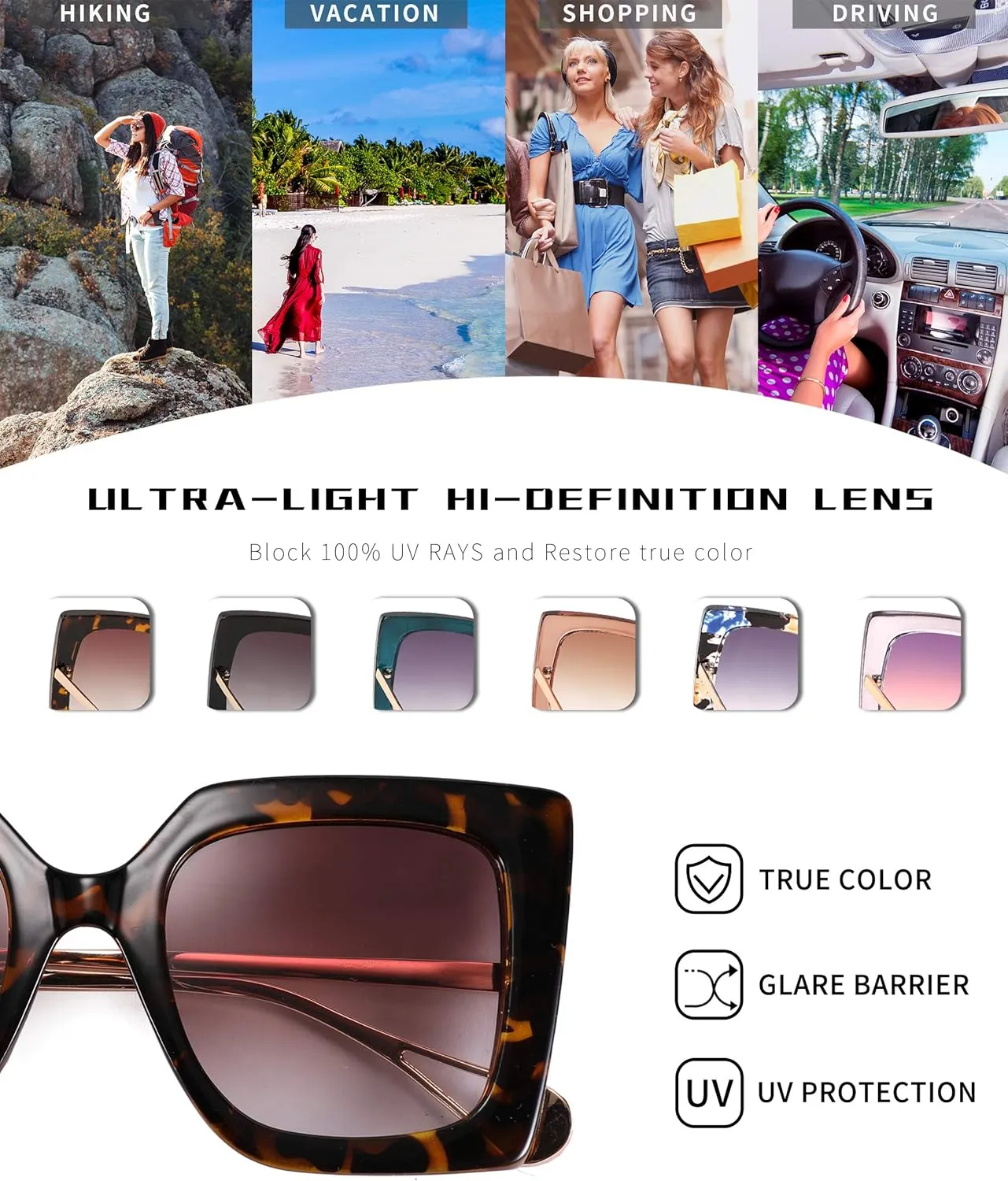 FEISEDY Sunglasses Womens Trendy, Oversized Square Shades, Pearl Inlay Cat Eye Frame UV400 Protection B2625