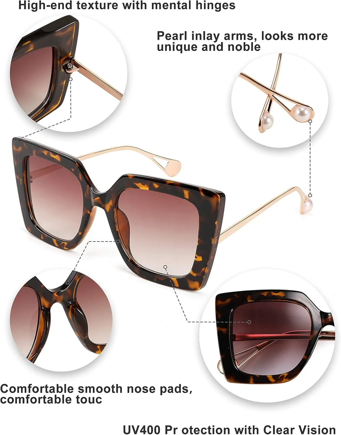 FEISEDY Sunglasses Womens Trendy, Oversized Square Shades, Pearl Inlay Cat Eye Frame UV400 Protection B2625