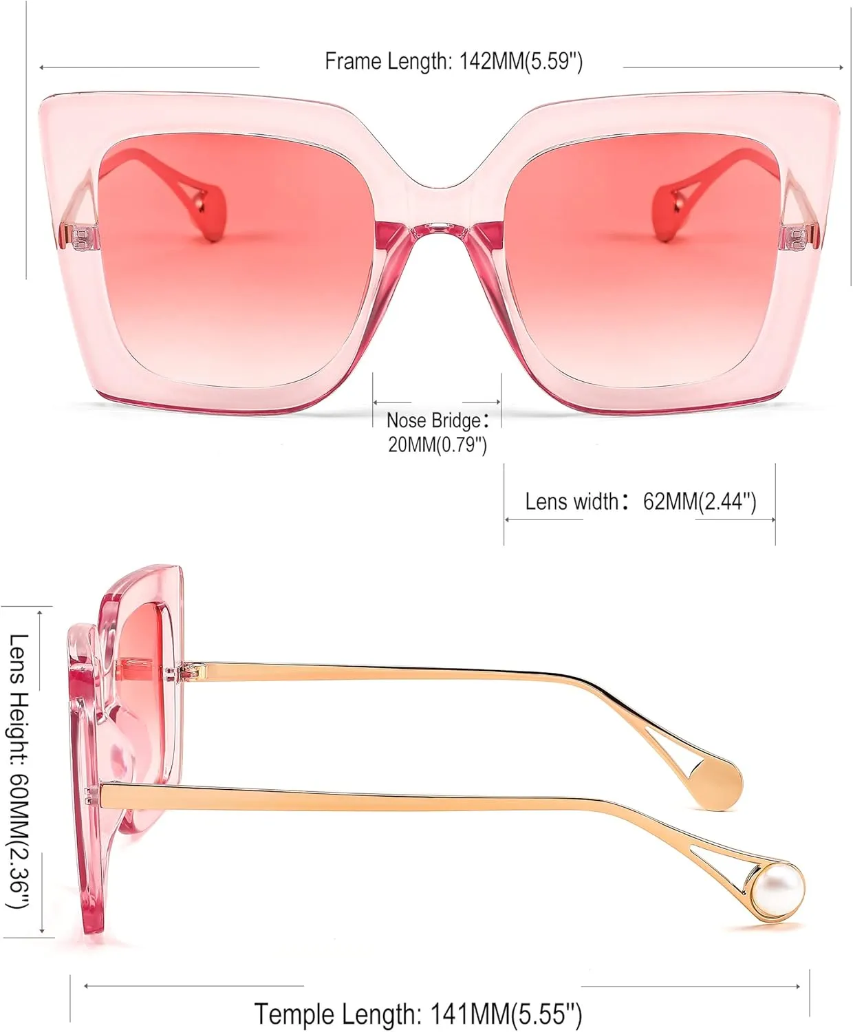 FEISEDY Sunglasses Womens Trendy, Oversized Square Shades, Pearl Inlay Cat Eye Frame UV400 Protection B2625