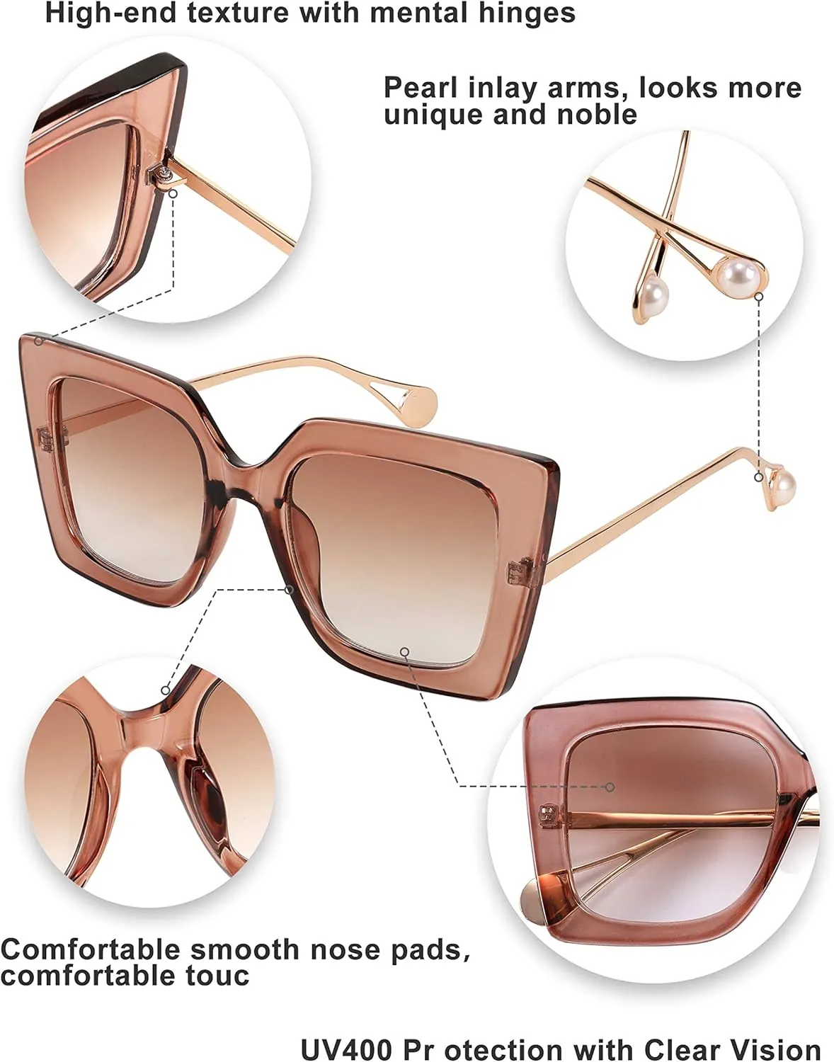 FEISEDY Sunglasses Womens Trendy, Oversized Square Shades, Pearl Inlay Cat Eye Frame UV400 Protection B2625