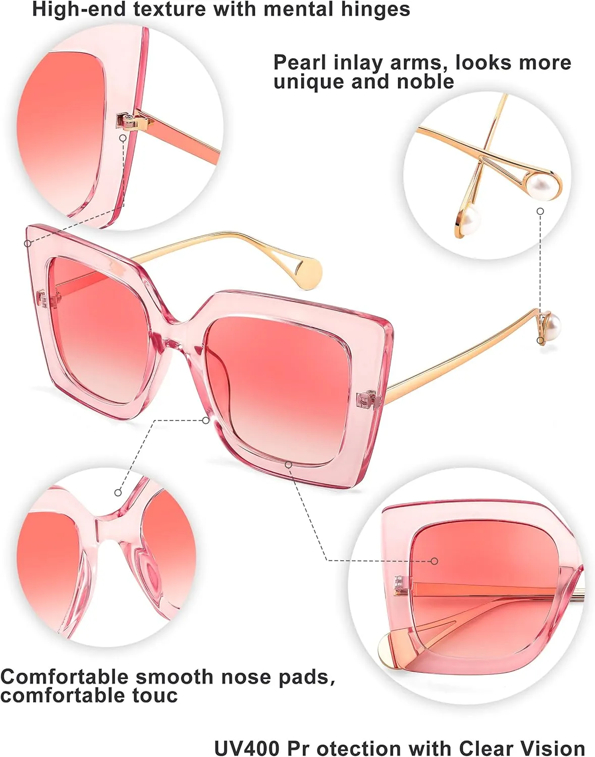 FEISEDY Sunglasses Womens Trendy, Oversized Square Shades, Pearl Inlay Cat Eye Frame UV400 Protection B2625