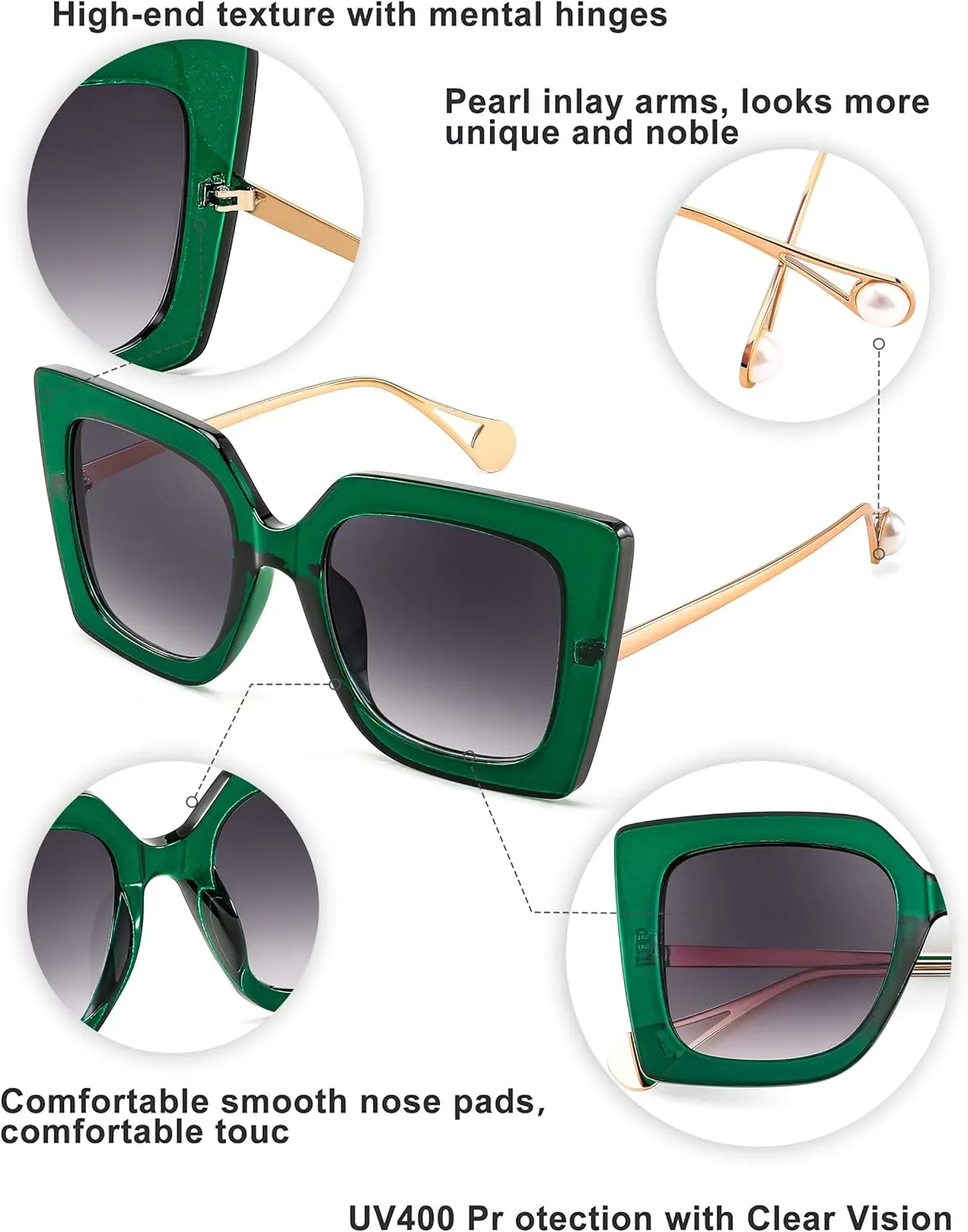 FEISEDY Sunglasses Womens Trendy, Oversized Square Shades, Pearl Inlay Cat Eye Frame UV400 Protection B2625