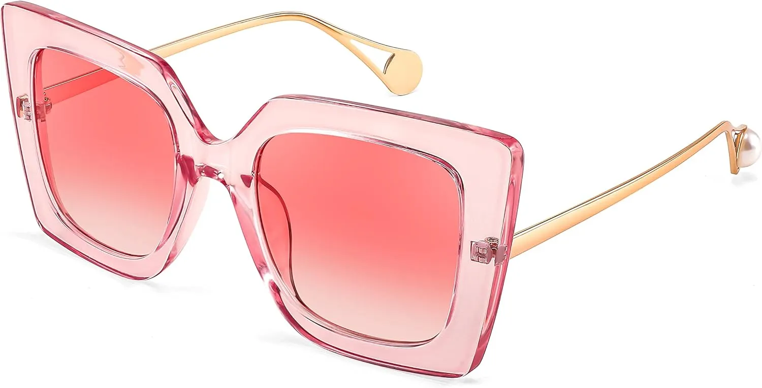 FEISEDY Sunglasses Womens Trendy, Oversized Square Shades, Pearl Inlay Cat Eye Frame UV400 Protection B2625