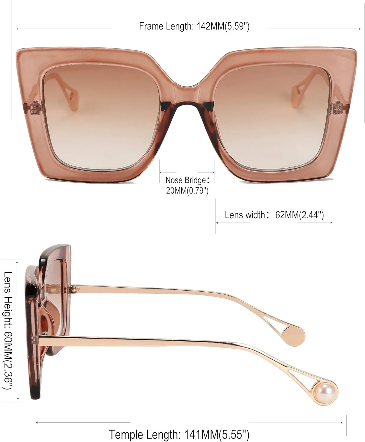 FEISEDY Sunglasses Womens Trendy, Oversized Square Shades, Pearl Inlay Cat Eye Frame UV400 Protection B2625