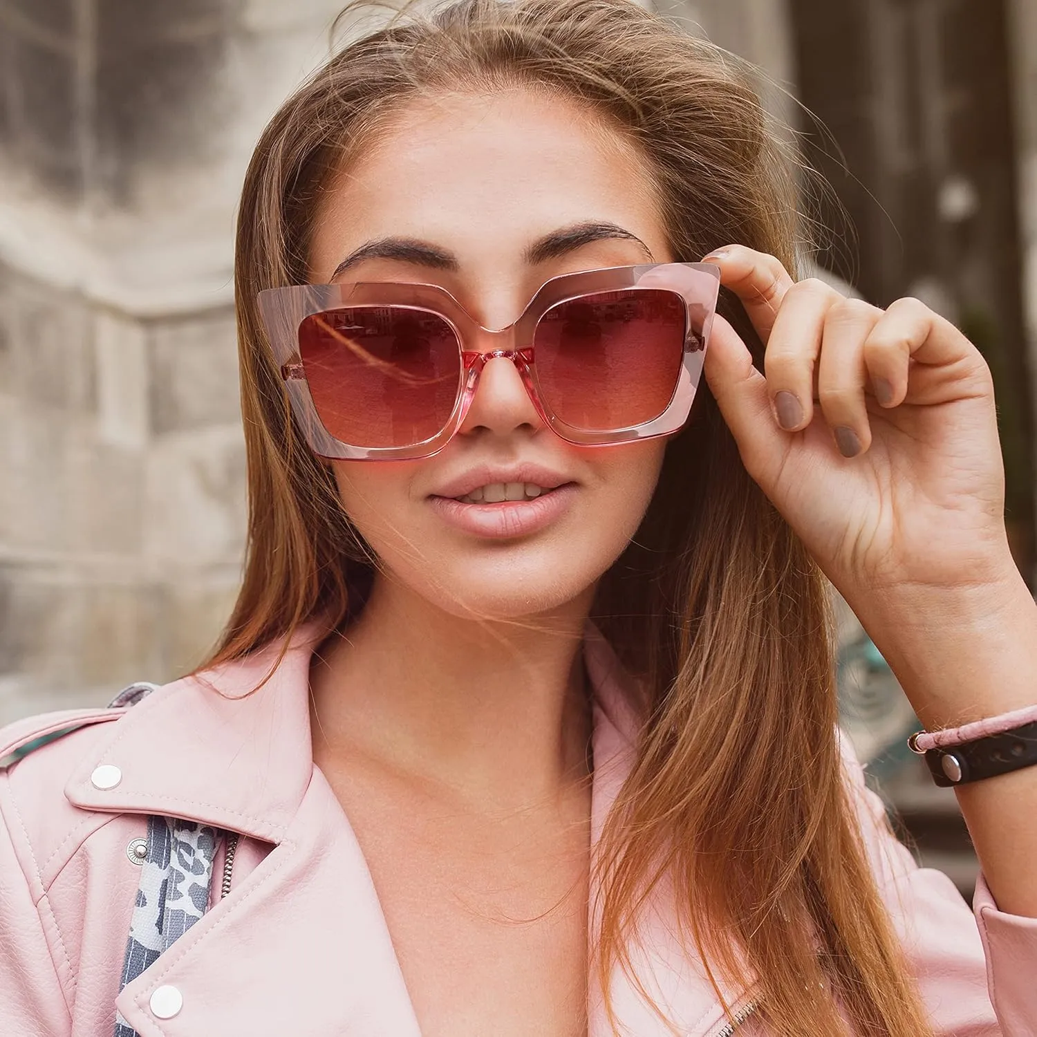 FEISEDY Sunglasses Womens Trendy, Oversized Square Shades, Pearl Inlay Cat Eye Frame UV400 Protection B2625