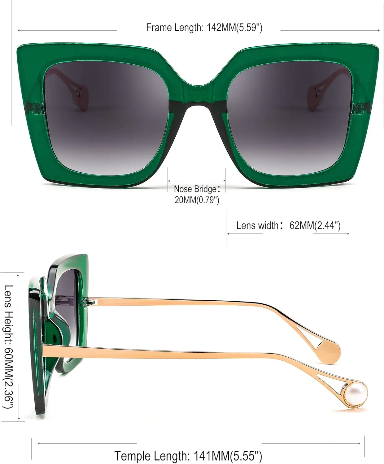 FEISEDY Sunglasses Womens Trendy, Oversized Square Shades, Pearl Inlay Cat Eye Frame UV400 Protection B2625