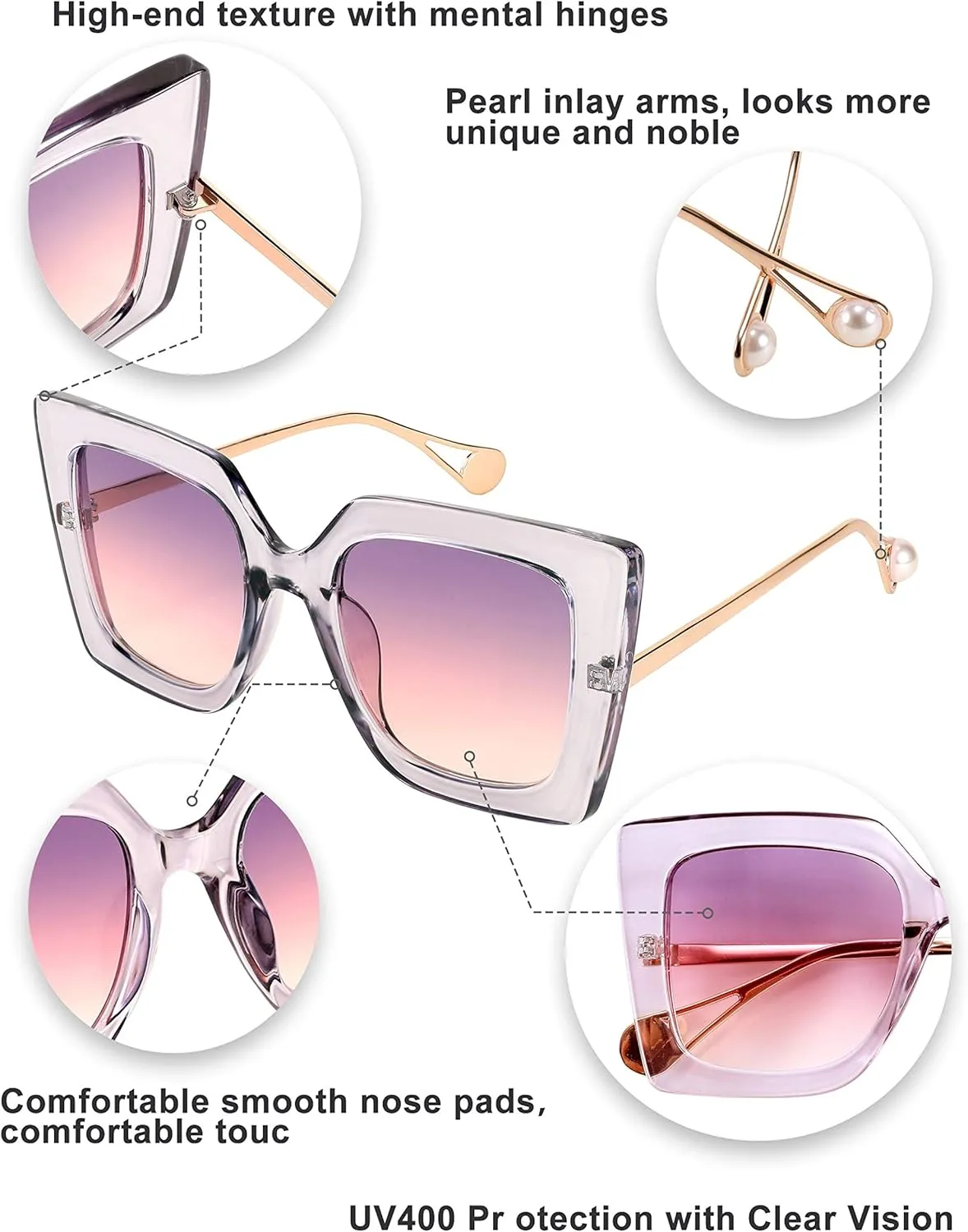 FEISEDY Sunglasses Womens Trendy, Oversized Square Shades, Pearl Inlay Cat Eye Frame UV400 Protection B2625