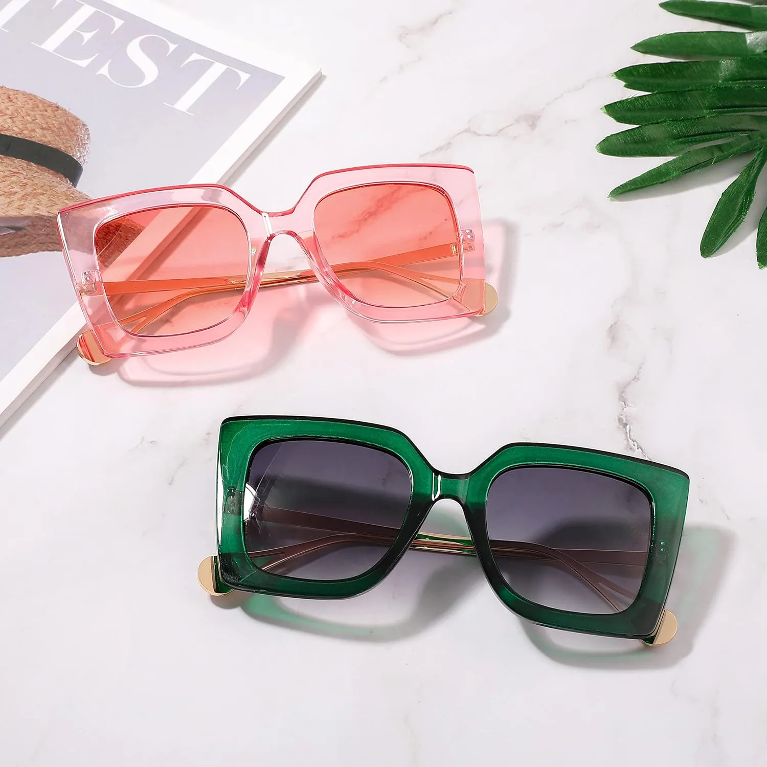FEISEDY Sunglasses Womens Trendy, Oversized Square Shades, Pearl Inlay Cat Eye Frame UV400 Protection B2625
