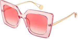 FEISEDY Sunglasses Womens Trendy, Oversized Square Shades, Pearl Inlay Cat Eye Frame UV400 Protection B2625