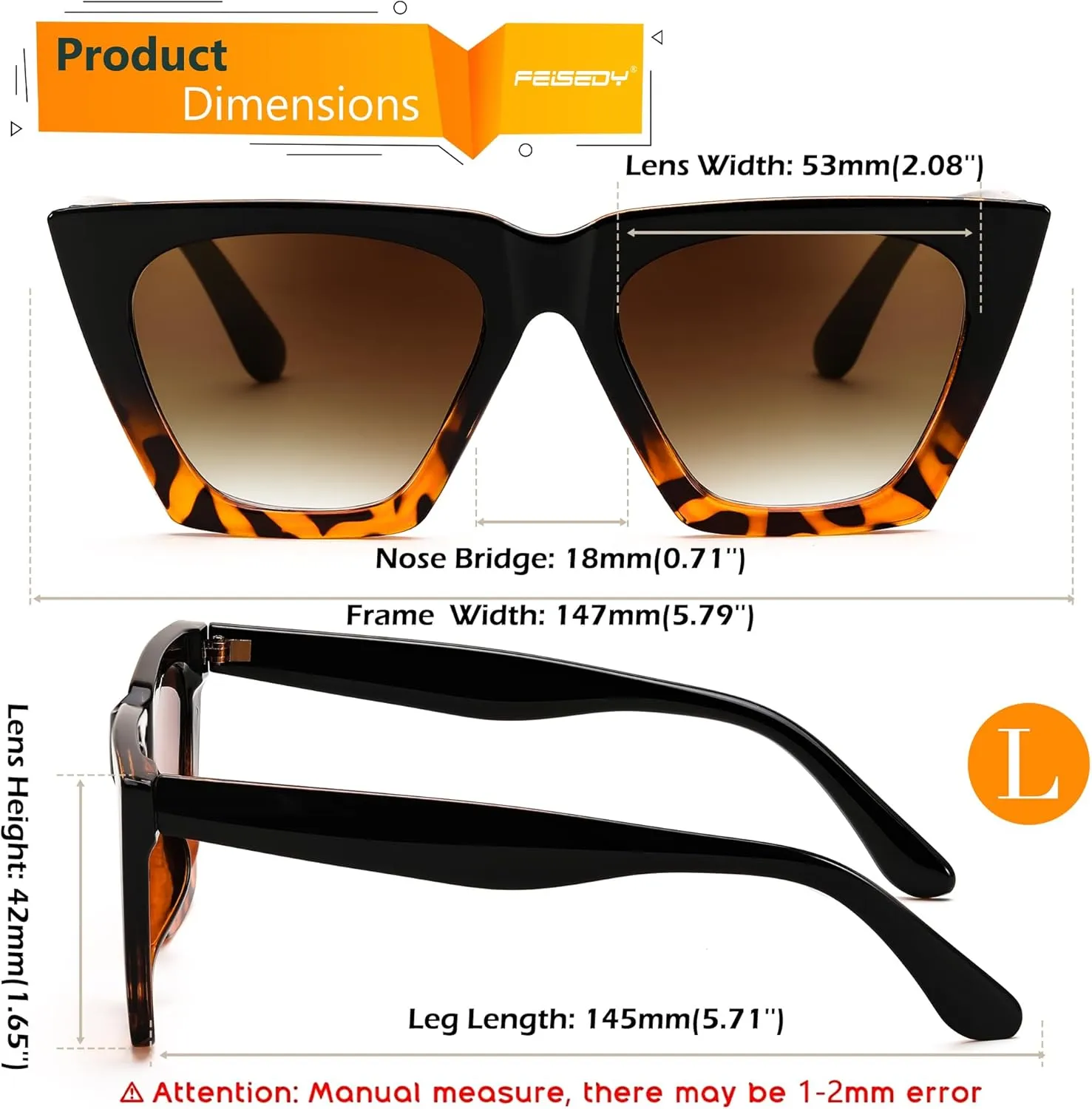 FEISEDY Vintage Sunglasses Women, Square Cat Eye Frame,Trendy Cateye Sunglasses B0025