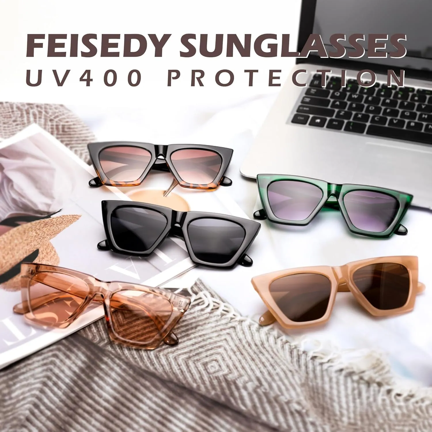 FEISEDY Vintage Sunglasses Women, Square Cat Eye Frame,Trendy Cateye Sunglasses B0025