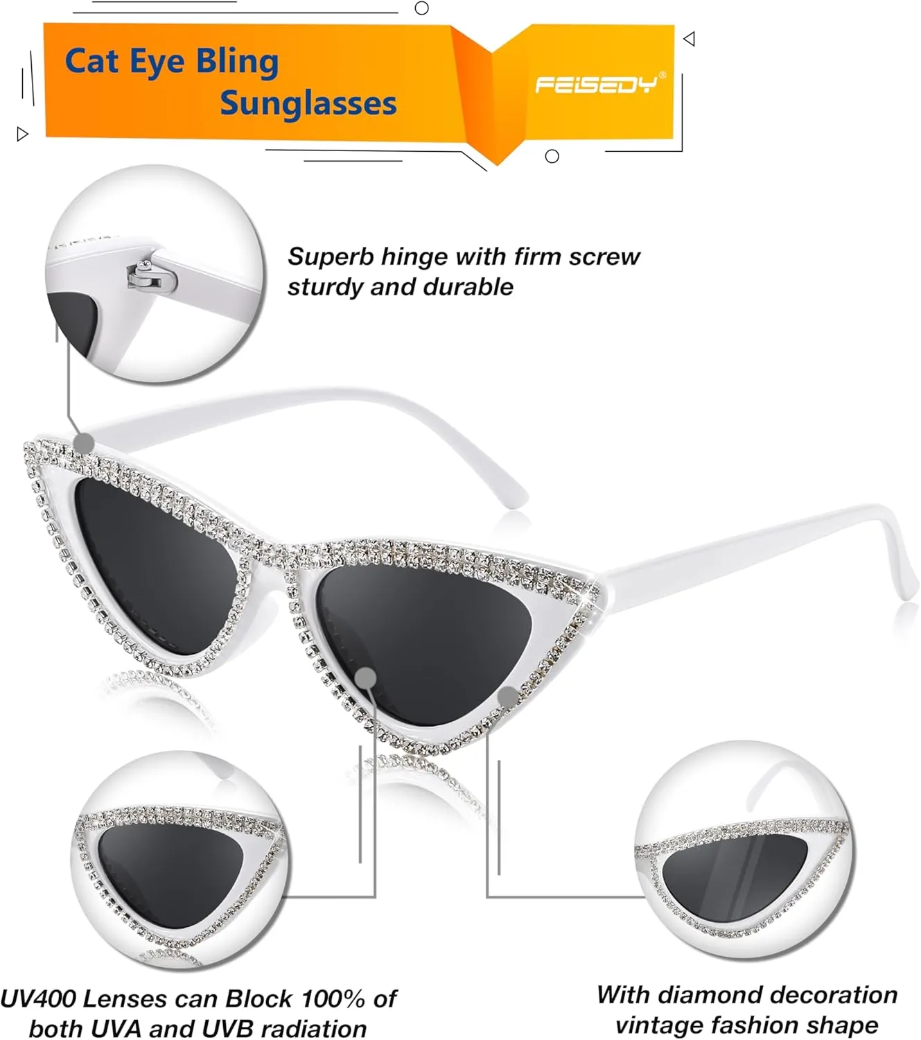 FEISEDY Women Cat Eye Sunglasses Small Frame Diamond Fashion Rhinestone Sunglasses Jeweled Frame Costume Party B0084