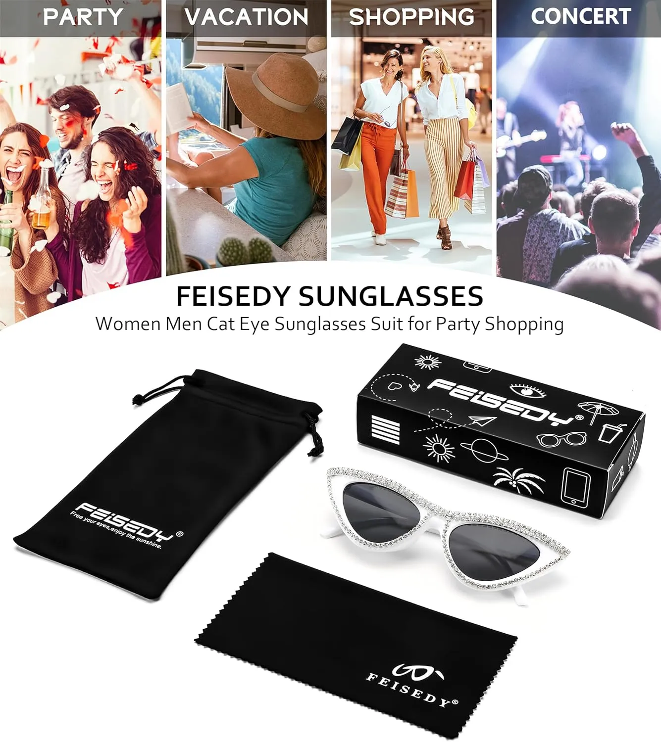 FEISEDY Women Cat Eye Sunglasses Small Frame Diamond Fashion Rhinestone Sunglasses Jeweled Frame Costume Party B0084