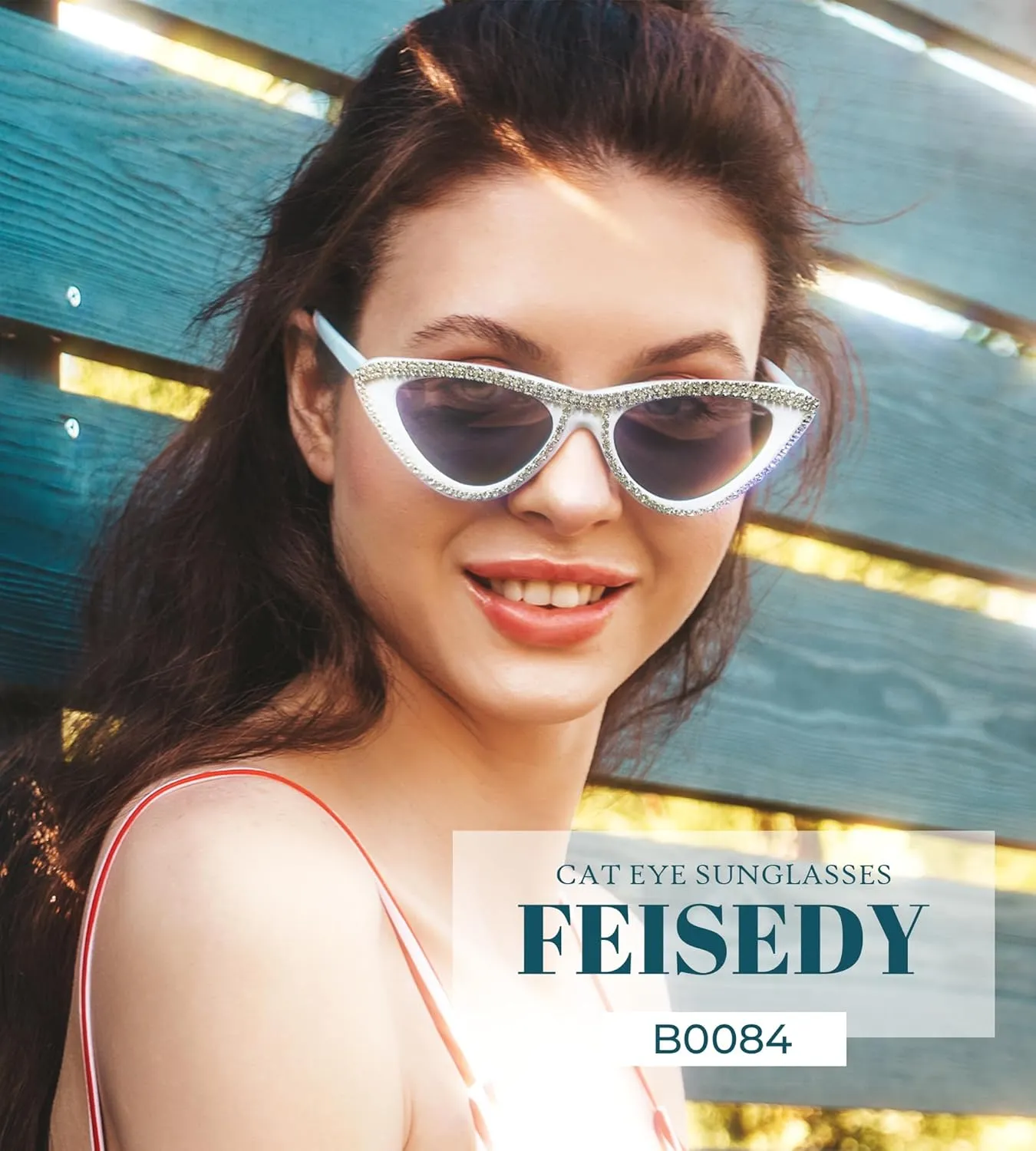 FEISEDY Women Cat Eye Sunglasses Small Frame Diamond Fashion Rhinestone Sunglasses Jeweled Frame Costume Party B0084