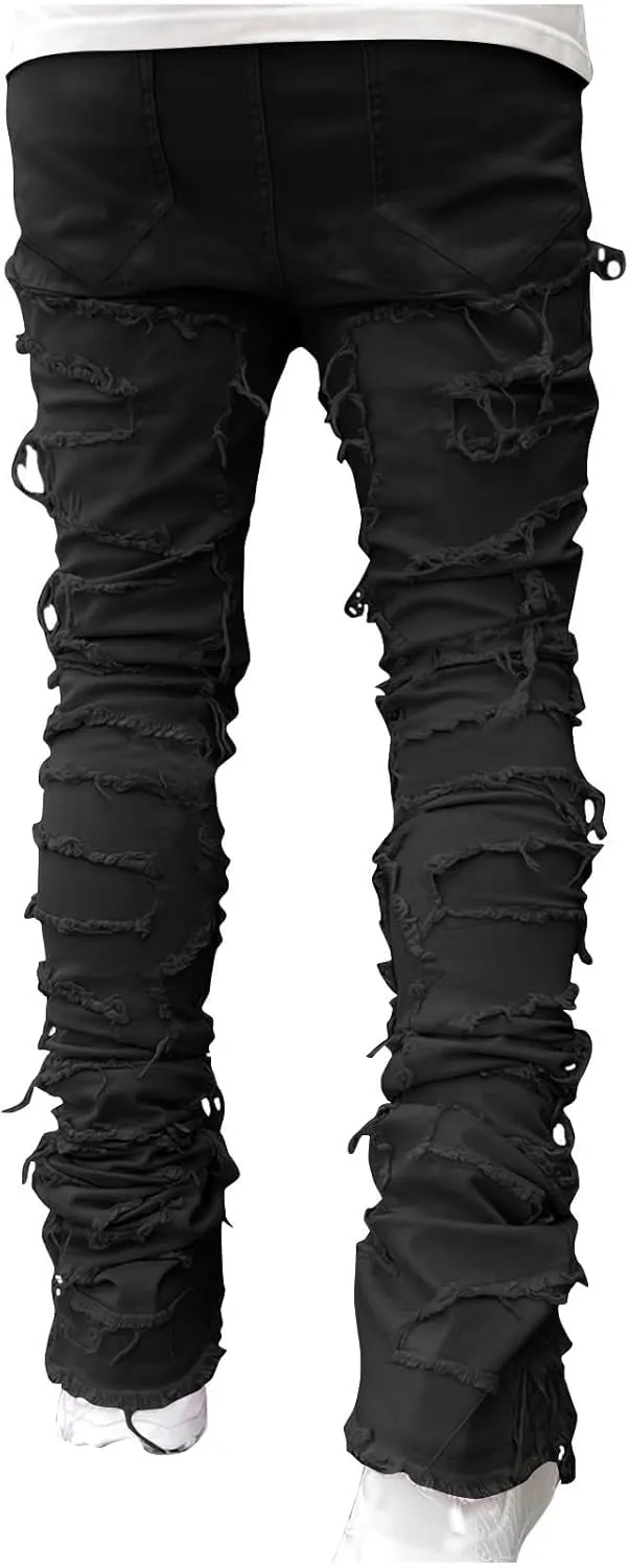 Firzero Men's Denim Pants Zippered Straight Leg Trousers Elastic Patchwork Slim Fit Jean Y2K Style Trousers with Pocket