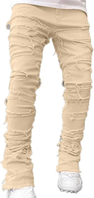 Firzero Men's Denim Pants Zippered Straight Leg Trousers Elastic Patchwork Slim Fit Jean Y2K Style Trousers with Pocket