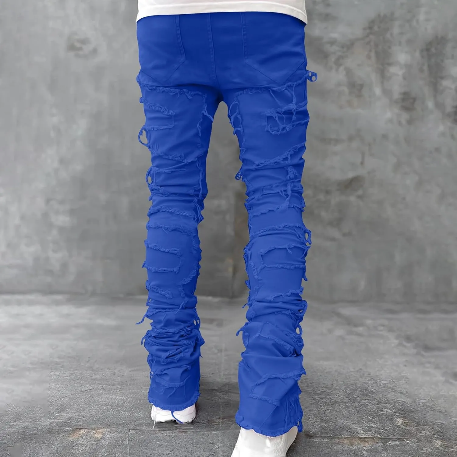 Firzero Men's Denim Pants Zippered Straight Leg Trousers Elastic Patchwork Slim Fit Jean Y2K Style Trousers with Pocket