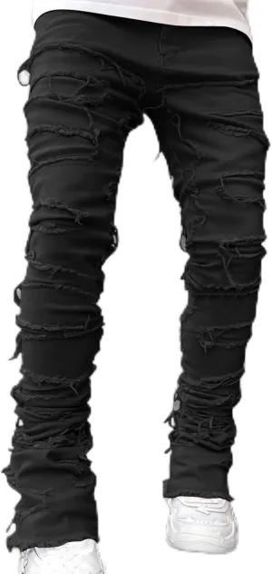 Firzero Men's Denim Pants Zippered Straight Leg Trousers Elastic Patchwork Slim Fit Jean Y2K Style Trousers with Pocket