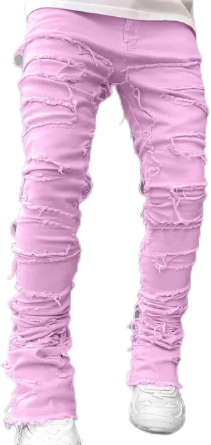 Firzero Men's Denim Pants Zippered Straight Leg Trousers Elastic Patchwork Slim Fit Jean Y2K Style Trousers with Pocket