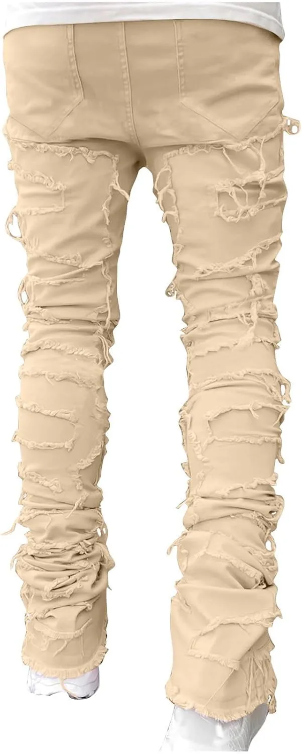 Firzero Men's Denim Pants Zippered Straight Leg Trousers Elastic Patchwork Slim Fit Jean Y2K Style Trousers with Pocket
