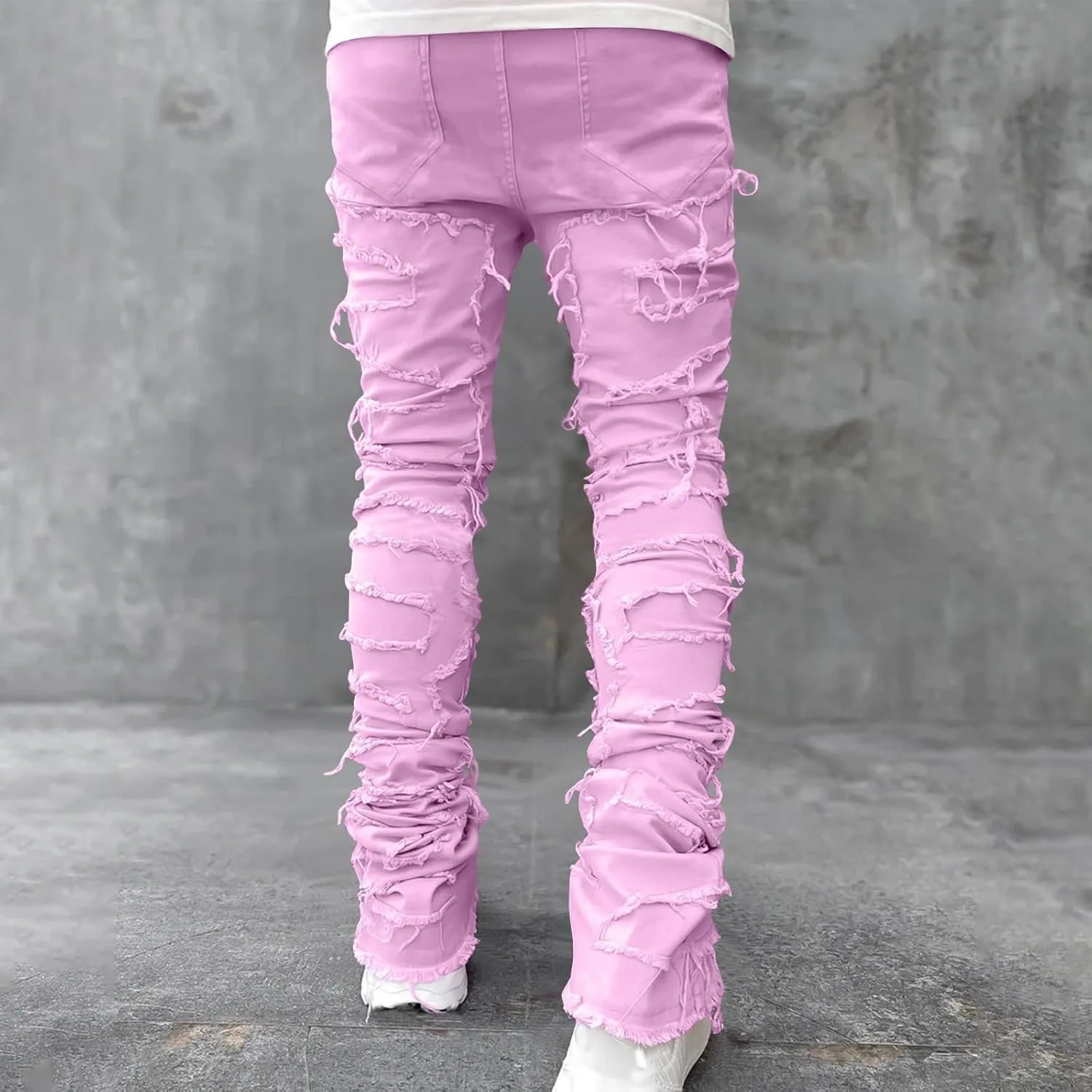 Firzero Men's Denim Pants Zippered Straight Leg Trousers Elastic Patchwork Slim Fit Jean Y2K Style Trousers with Pocket