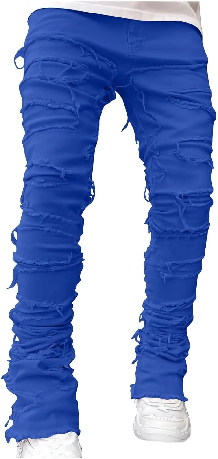 Firzero Men's Denim Pants Zippered Straight Leg Trousers Elastic Patchwork Slim Fit Jean Y2K Style Trousers with Pocket
