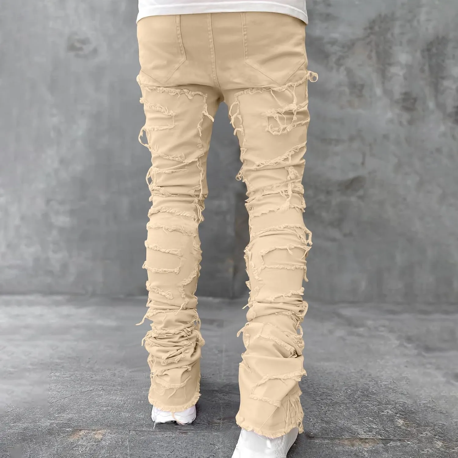 Firzero Men's Denim Pants Zippered Straight Leg Trousers Elastic Patchwork Slim Fit Jean Y2K Style Trousers with Pocket