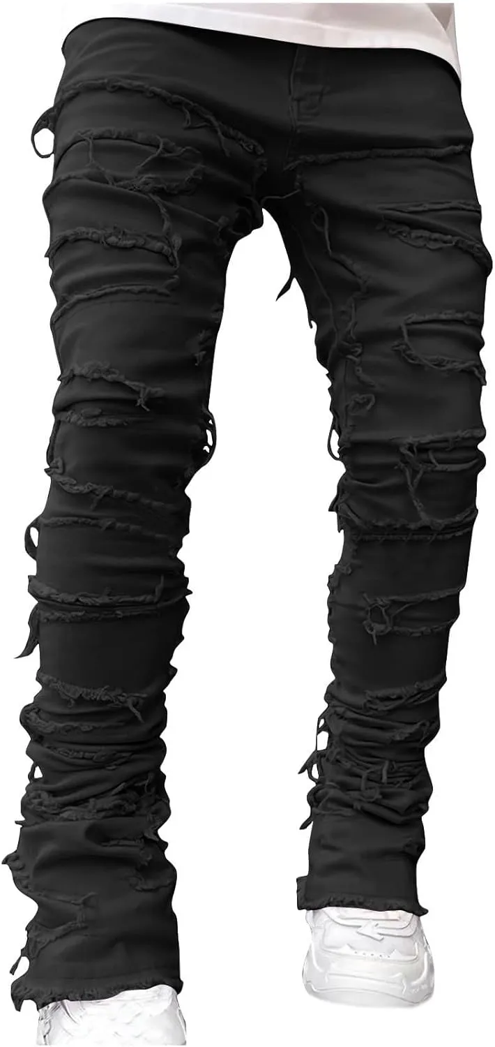 Firzero Men's Denim Pants Zippered Straight Leg Trousers Elastic Patchwork Slim Fit Jean Y2K Style Trousers with Pocket
