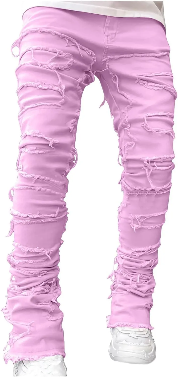 Firzero Men's Denim Pants Zippered Straight Leg Trousers Elastic Patchwork Slim Fit Jean Y2K Style Trousers with Pocket