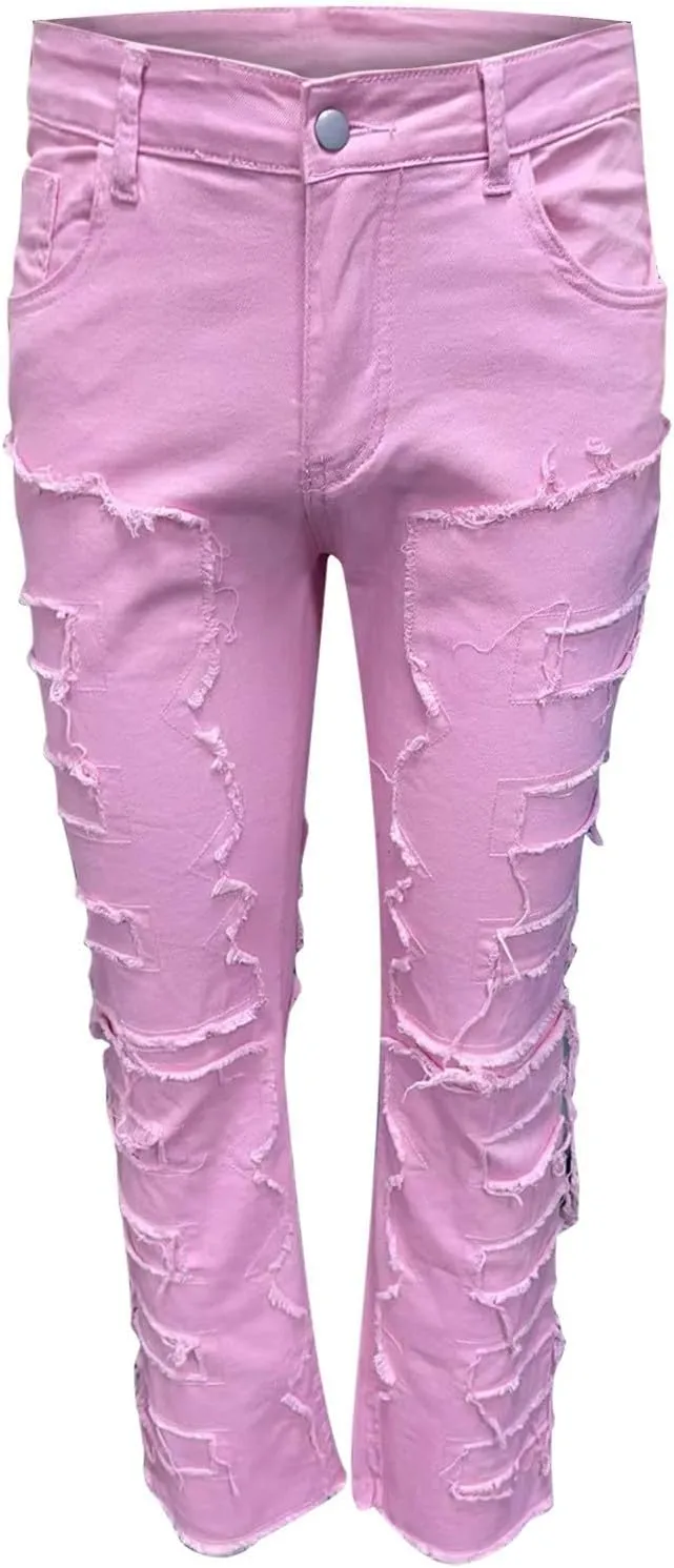 Firzero Men's Denim Pants Zippered Straight Leg Trousers Elastic Patchwork Slim Fit Jean Y2K Style Trousers with Pocket